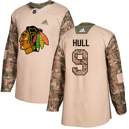 Adidas Blackhawks #9 Bobby Hull Camo Authentic Veterans Day Stitched Youth NHL Jersey - Click Image to Close